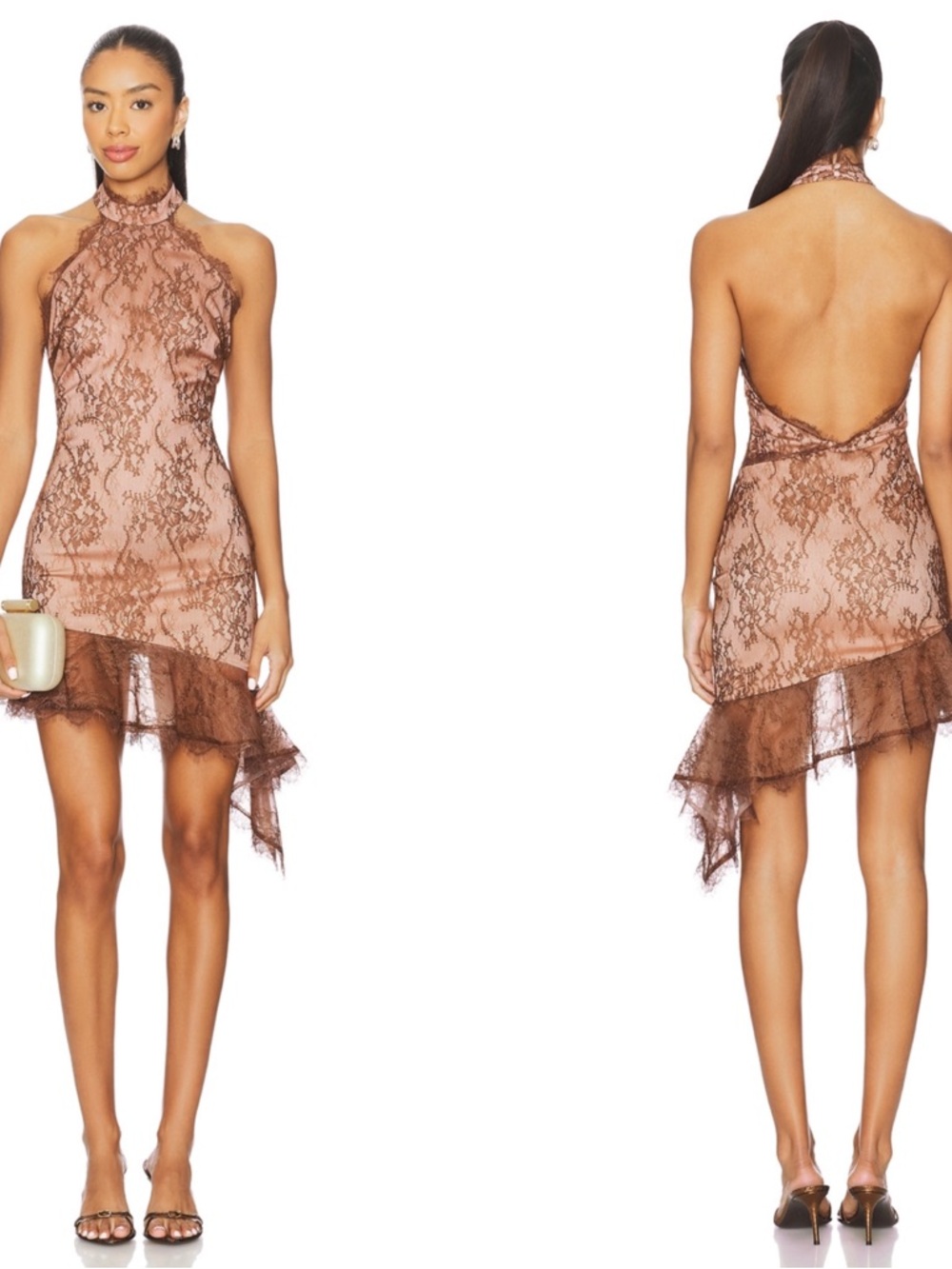 RETROFETE Raquelle Lace Halterneck Asymmetric Ruffle Espresso Mini Dress Size XL